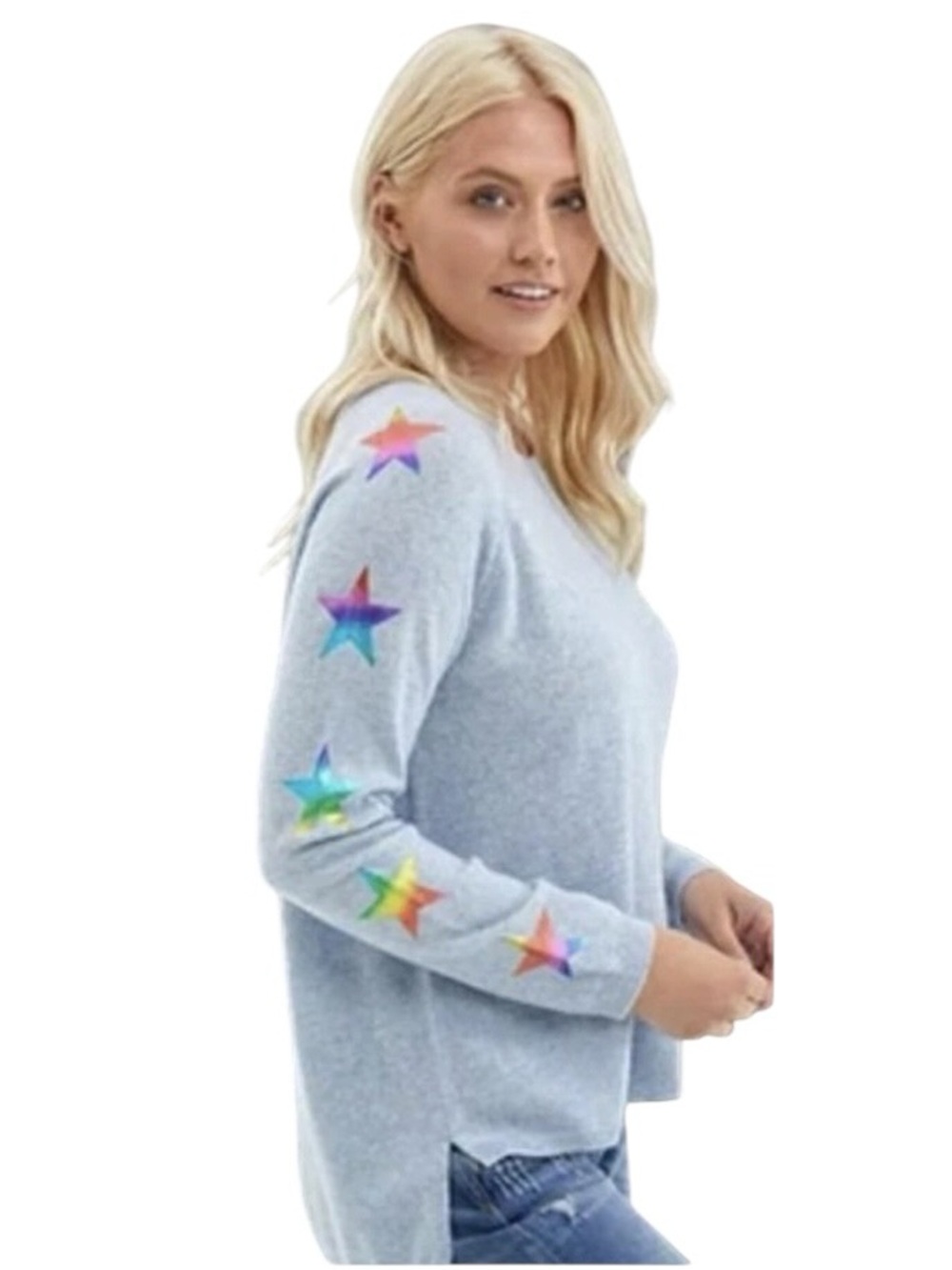 Brodie Cashmere Sky Rainbow Sweater Foil Star Sleeve Blue Cashmere Crewneck XL